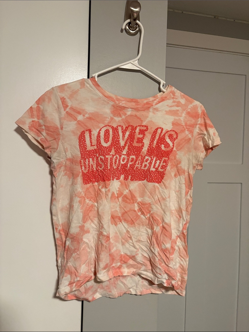 Old Navy Coral and White Tie-Dye "Love Is Unstoppable" Short Sleeve Tee